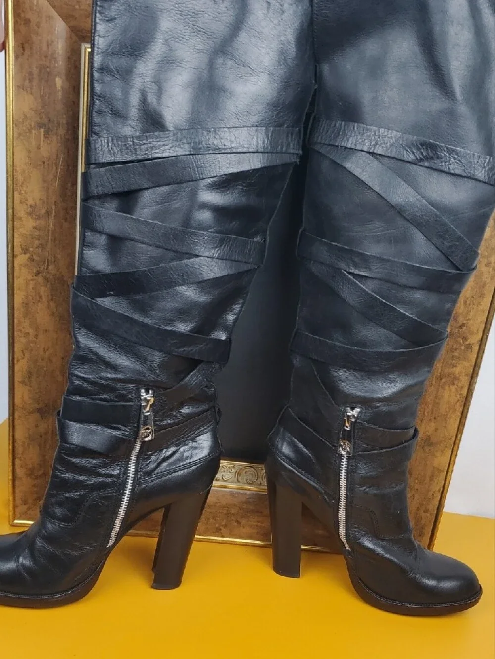 Michael Kors Black Over-the-Knee Leather Boots with Wrap Straps